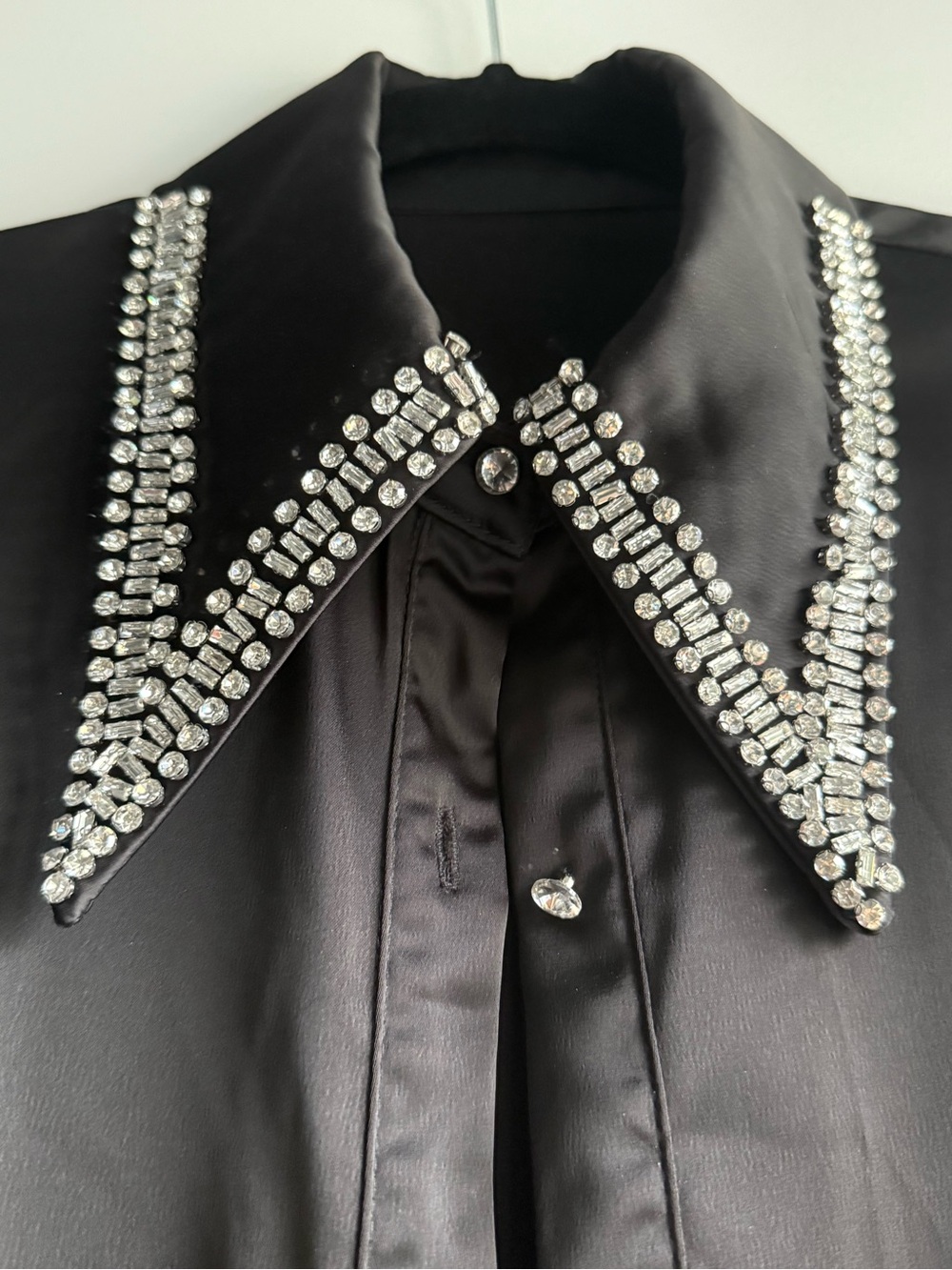 Black rhinestone Embellished Collar Satin shirt